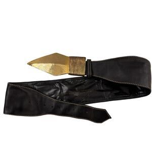 VTG Morris Moskowitz Women's Belt Black Genuine Leather Large Gold Brass Buckle